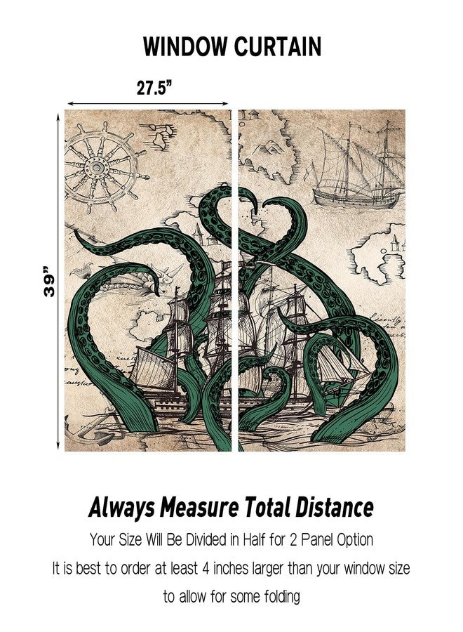 Coxila Vintage Octopus Kitchen Window Curtains 27.5 x 39 Inch Small Short Mini Cafe Rod Pocket Retro Nautical Ocean Coastal for Living Bedroom Room Home Treatment Set of 2 Curtain Panels Drapes Tiers - Image 4